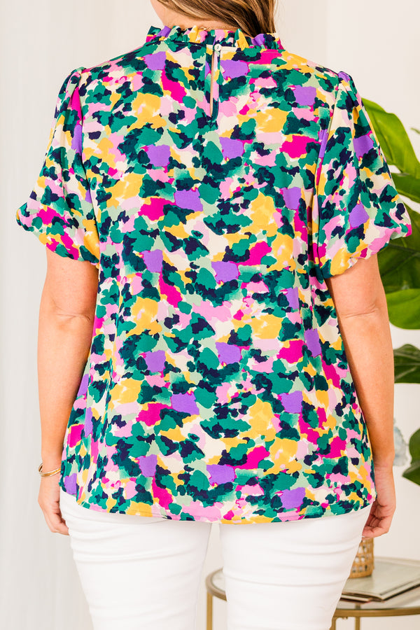 Chic Soul plus size clothing, purple abstract print top with short sleeves