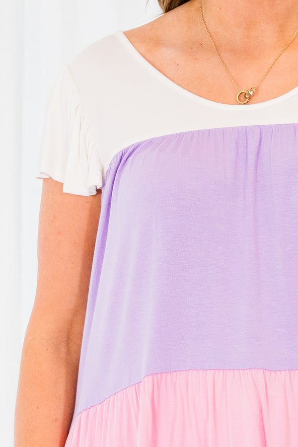 Chic Soul plus size clothing, white lilac and pink color block short sleeve top