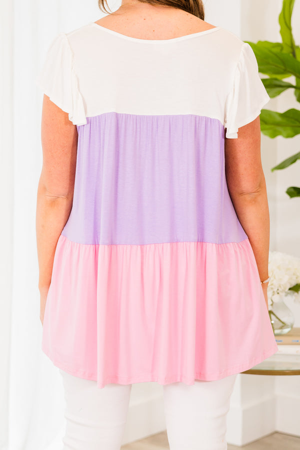Chic Soul plus size clothing, white lilac and pink color block short sleeve top
