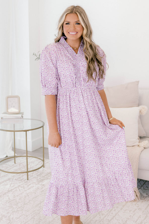 Chic Soul plus size clothing, light purple floral puff sleeve flowy maxi dress with v neck cutout, cinched waist, and large ruffle hem