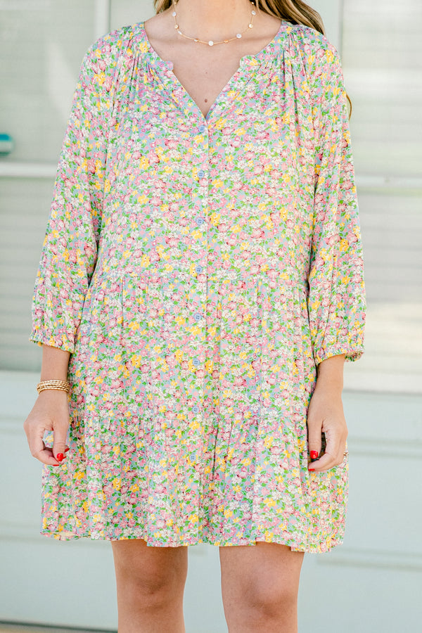 Chic Soul plus size clothing, pink multicolor small floral print mini dress with three quarter length sleeves with v cutout along neckline