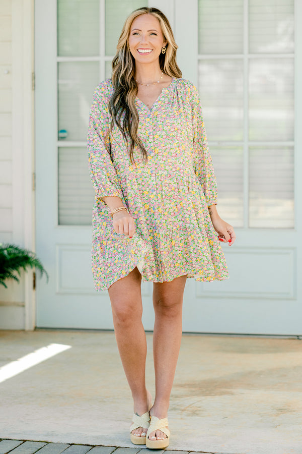 Chic Soul plus size clothing, pink multicolor small floral print mini dress with three quarter length sleeves with v cutout along neckline