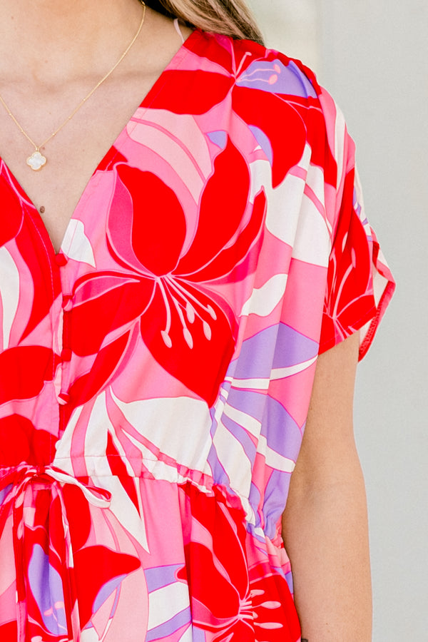Chic Soul plus size clothing, short-sleeve fuchsia pink flowy midi dress with a v-neckline and a drawstring under the bodice with a purple and white floral pattern