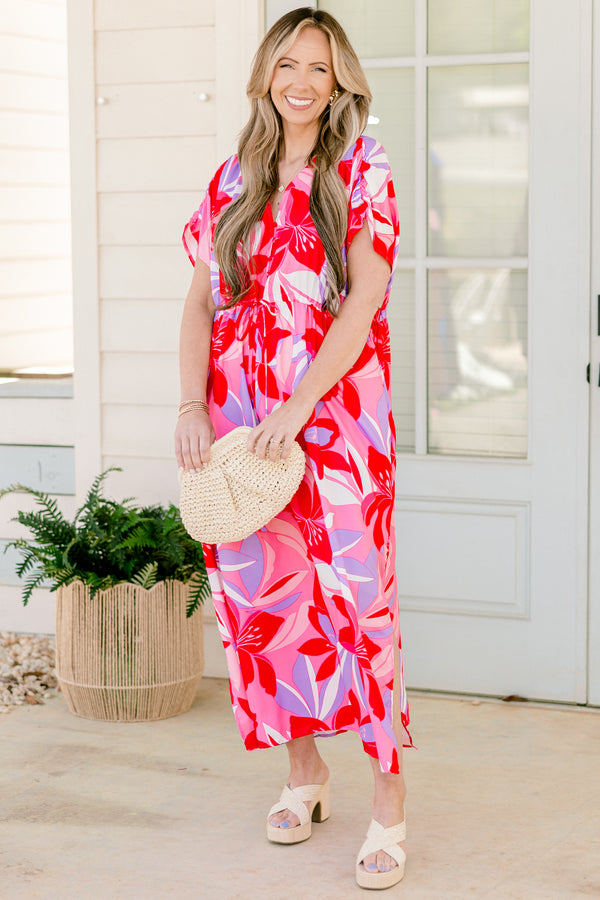 Chic Soul plus size clothing, short-sleeve fuchsia pink flowy midi dress with a v-neckline and a drawstring under the bodice with a purple and white floral pattern