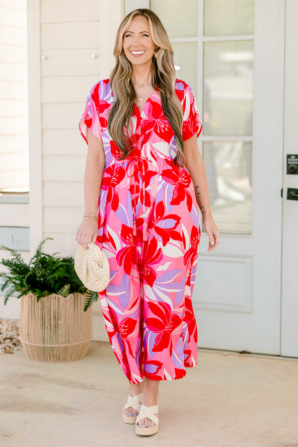 Chic Soul plus size clothing, short-sleeve fuchsia pink flowy midi dress with a v-neckline and a drawstring under the bodice with a purple and white floral pattern