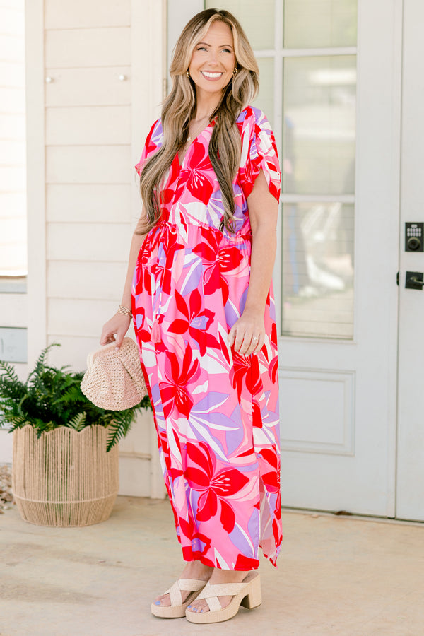 Chic Soul plus size clothing, short-sleeve fuchsia pink flowy midi dress with a v-neckline and a drawstring under the bodice with a purple and white floral pattern