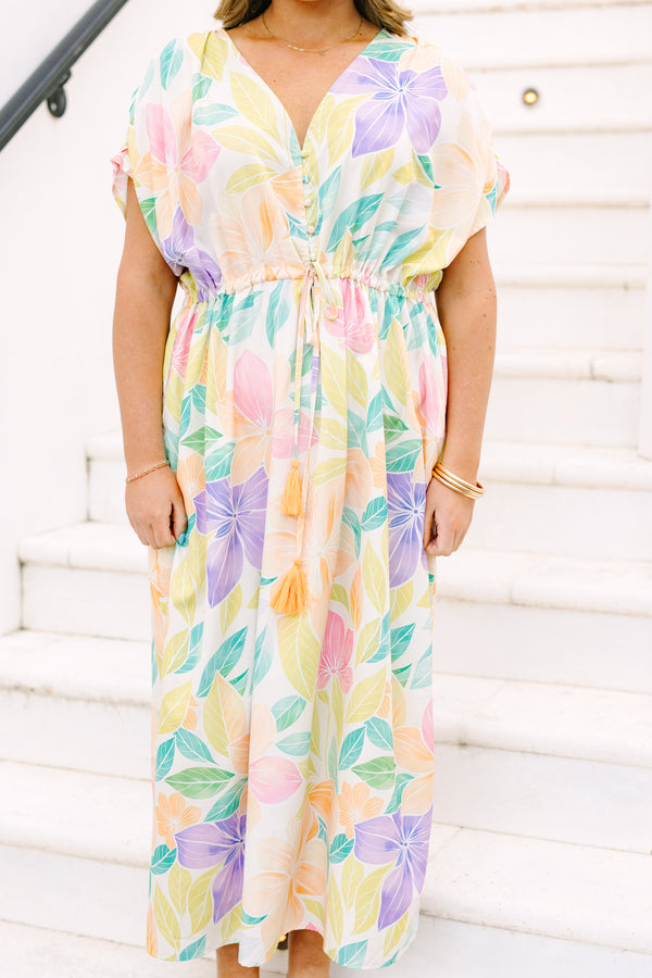 Chic Soul plus size clothing, pastel floral print short sleeve maxi dress that cinches at the waist