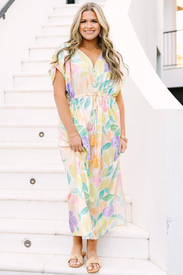 Chic Soul plus size clothing, pastel floral print short sleeve maxi dress that cinches at the waist