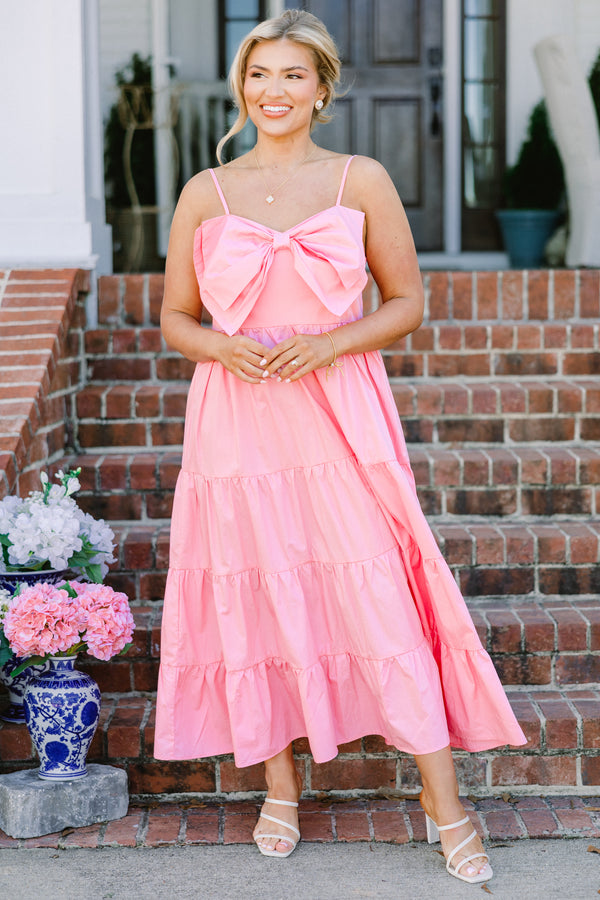 Chic Soul plus size clothing, spaghetti strap maxi dress with scoop neckline with bow along chest with tiered detail