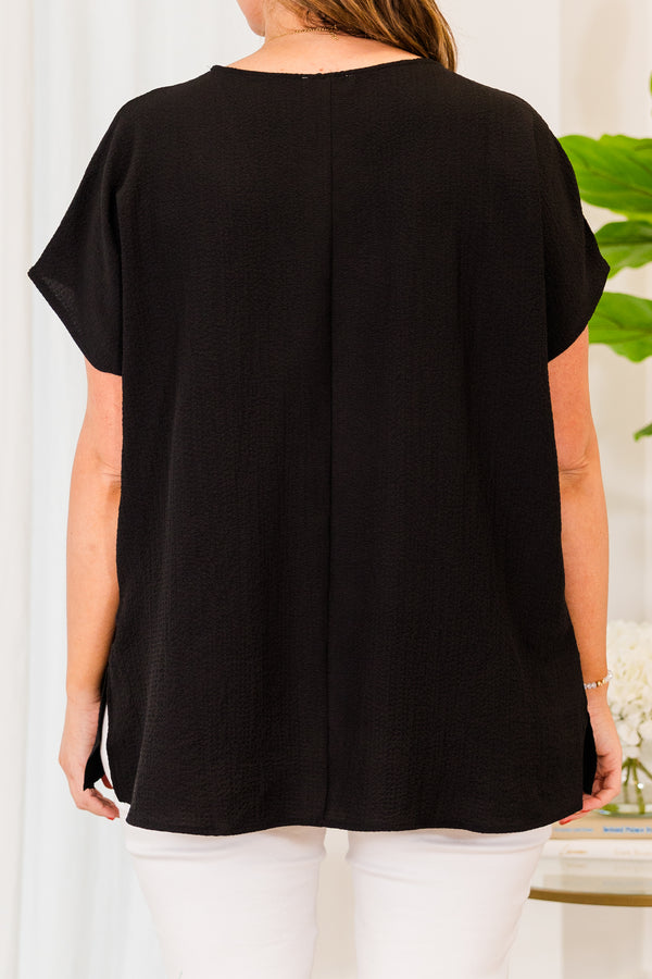 Chic Soul plus size clothing, plain black short sleeve flowy top with v neckline