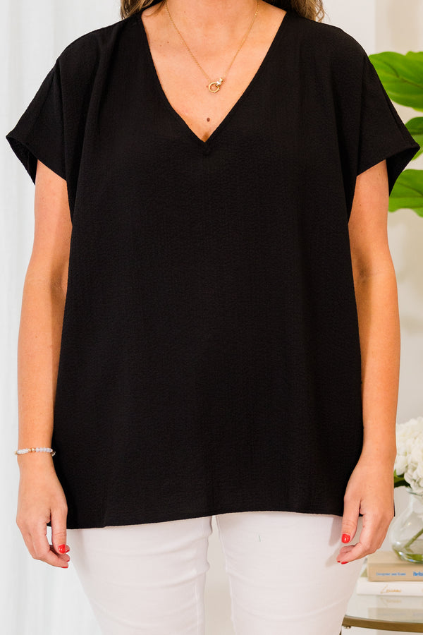 Chic Soul plus size clothing, plain black short sleeve flowy top with v neckline