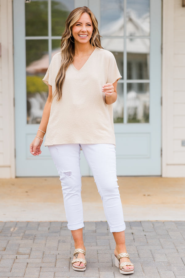 Chic Soul plus size clothing, taupe short sleeve flowy top with v neckline