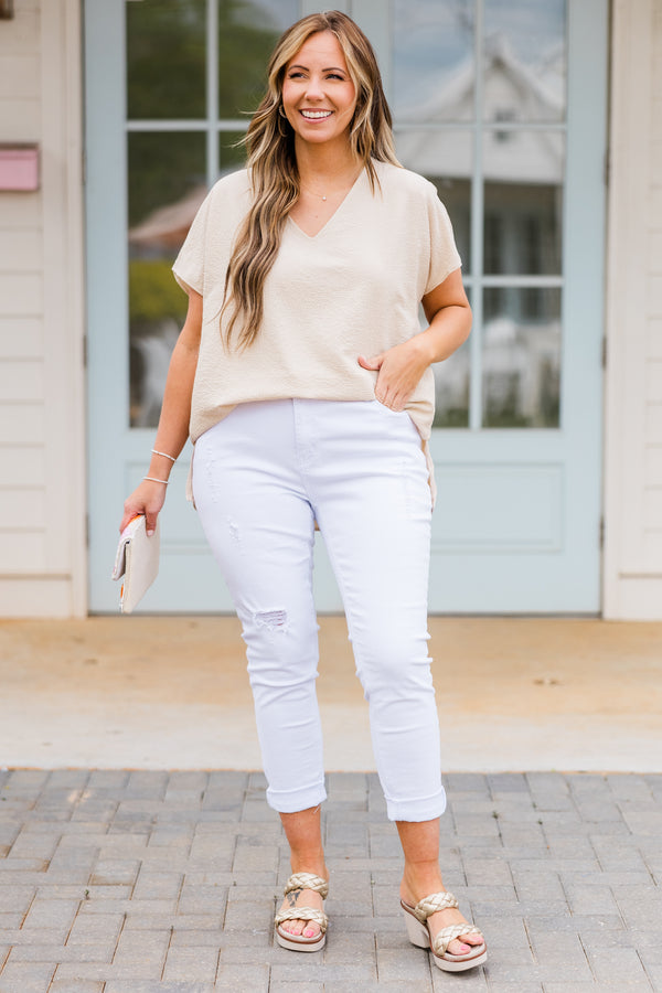 Chic Soul plus size clothing, taupe short sleeve flowy top with v neckline