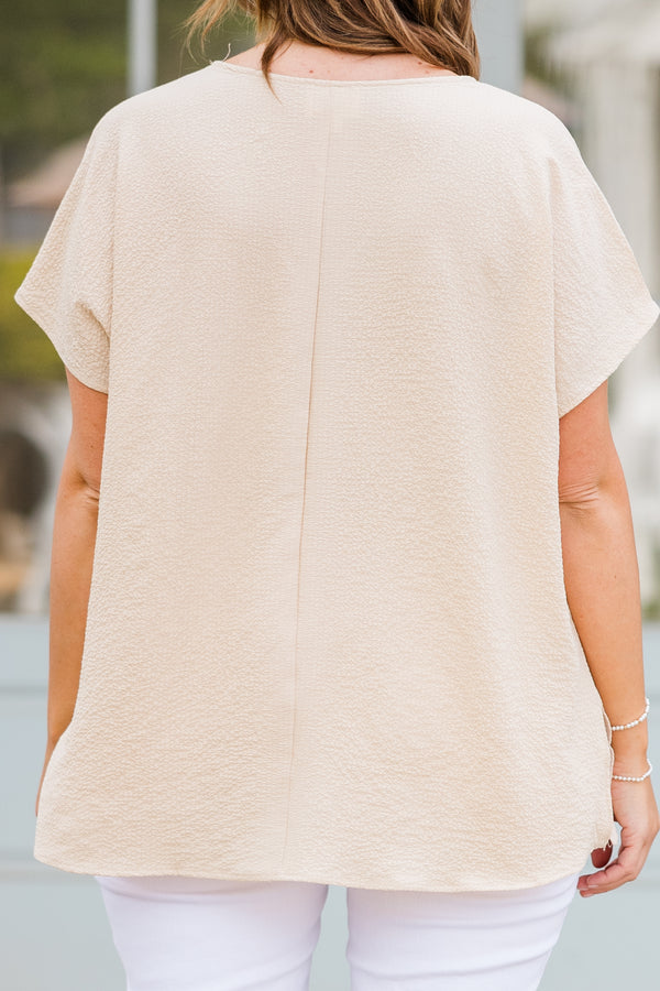 Chic Soul plus size clothing, taupe short sleeve flowy top with v neckline