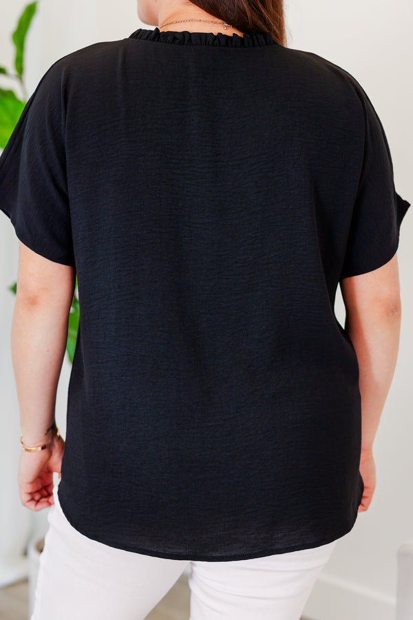 Chic Soul plus size clothing, short sleeve black top with v neckline and flare short sleeves