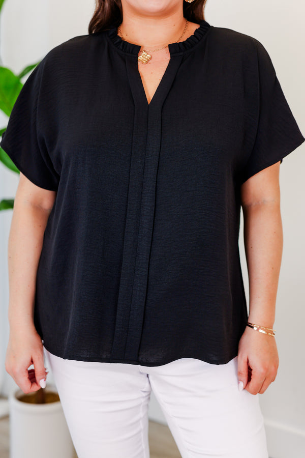 Chic Soul plus size clothing, short sleeve black top with v neckline and flare short sleeves
