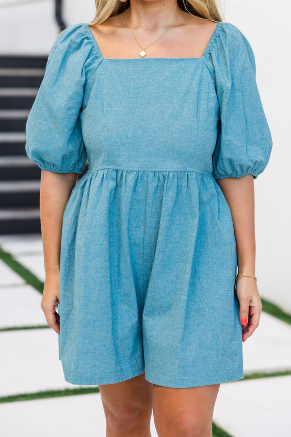 Chic Soul plus size clothing, short-puffed-sleeve blue romper with a square-neckline and a cream braided removable waist tie
