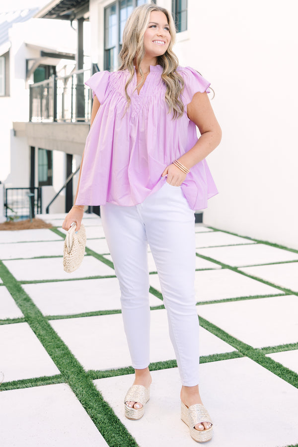 Chic Soul plus size clothing, pink top with flutter sleeves that have a pink scalloped detail along each ruffle and scalloped detailing along the v-neckline as well as a floral pattern throughout 