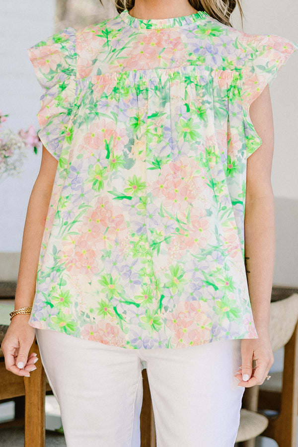 Chic Soul plus size clothing, green floral short sleeve pastel top with pink/purple floral design with mock neck and ruffle sleeves