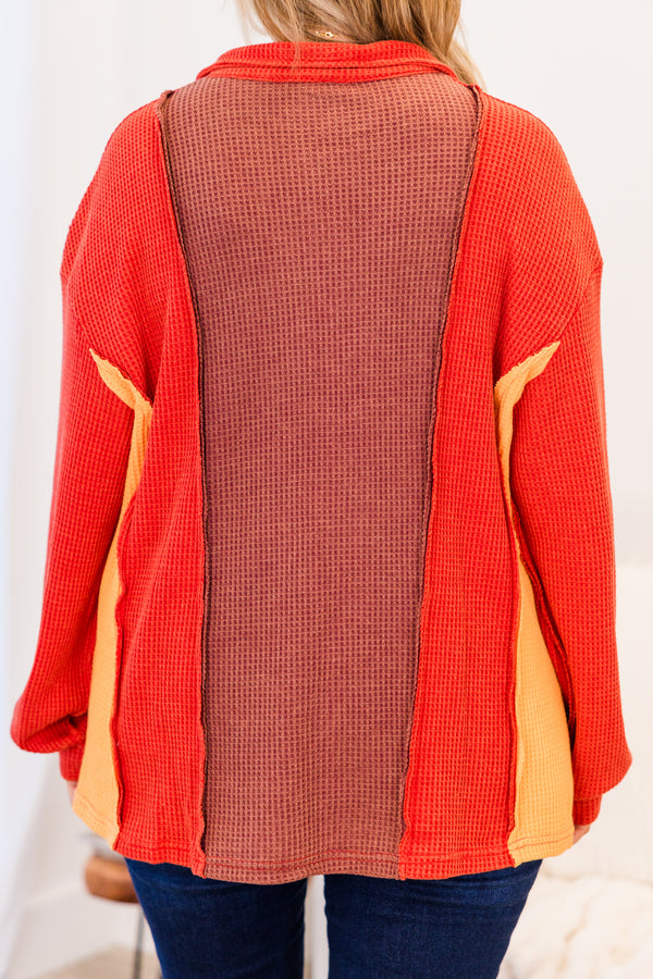Chic Soul plus size clothing, multi color orange zip up waffle knit pullover with collar detail and silver zipper with cuff sleeves and colorblock design