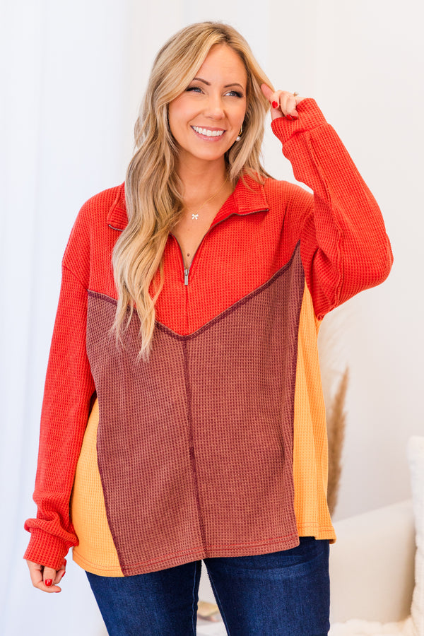 Chic Soul plus size clothing, multi color orange zip up waffle knit pullover with collar detail and silver zipper with cuff sleeves and colorblock design