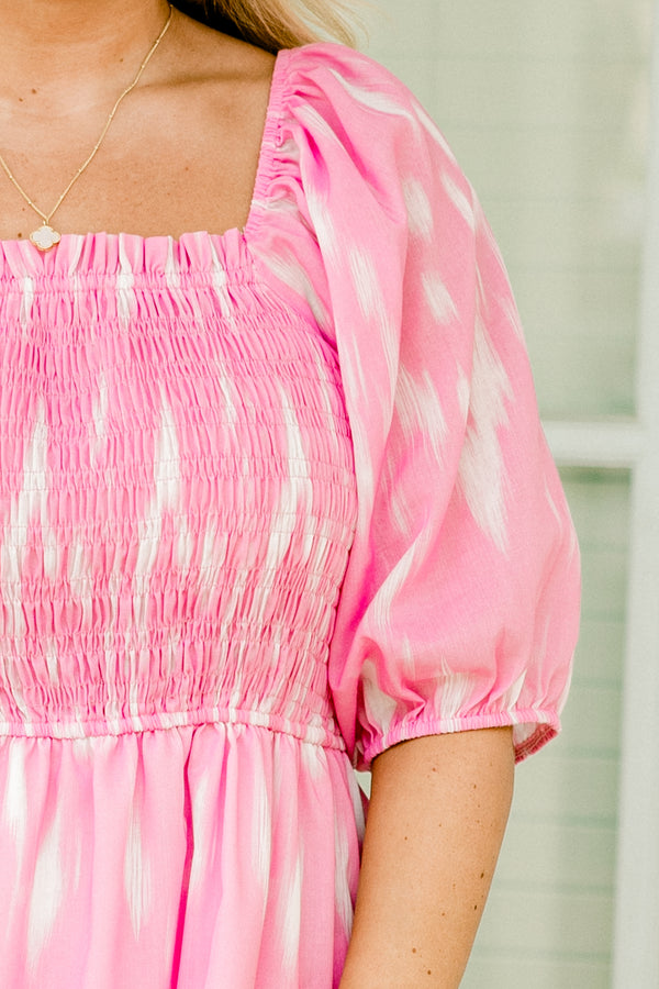 Chic Soul plus size clothing, baby pink maxi dress with an abstract pattern square neckline, and bubble sleeves 
