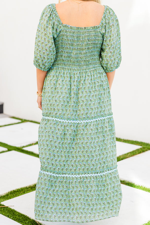 Chic Soul plus size clothing, short-puffed-sleeve green maxi dress with a tiered skirt and a ric rac detailing with a square neckline and a green floral print with a smocked bodice 