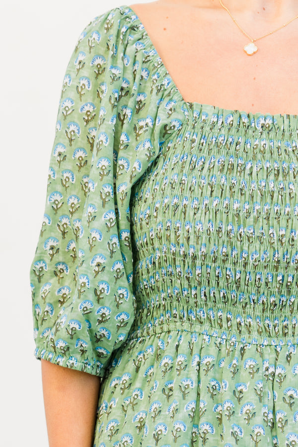 Chic Soul plus size clothing, short-puffed-sleeve green maxi dress with a tiered skirt and a ric rac detailing with a square neckline and a green floral print with a smocked bodice 