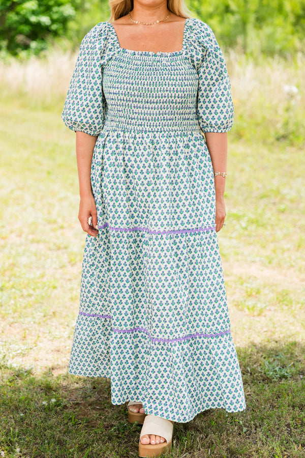 Chic Soul plus size clothing, purple and blue maxi dress with puff mid sleeves and shirring top