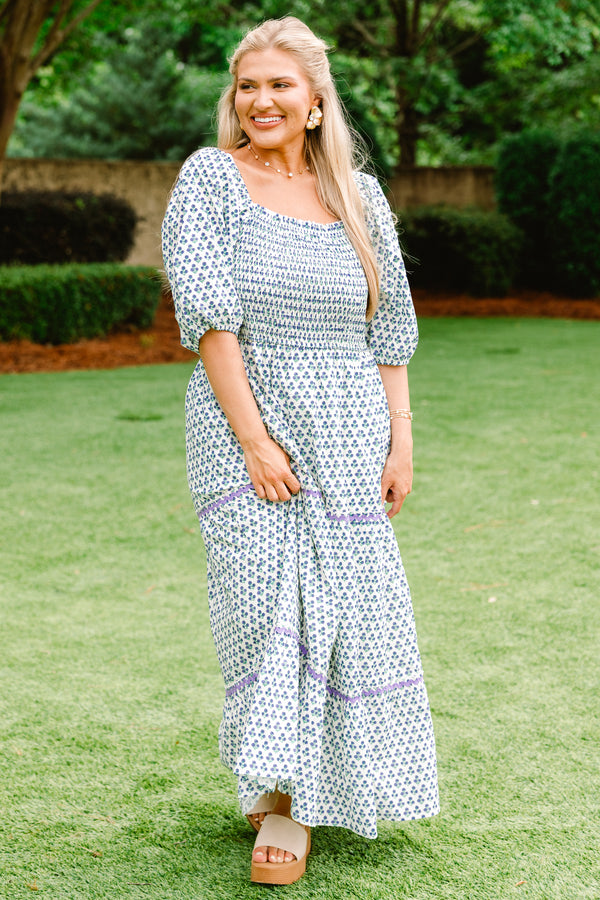 Chic Soul plus size clothing, purple and blue maxi dress with puff mid sleeves and shirring top