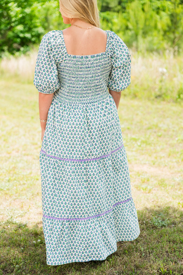 Chic Soul plus size clothing, purple and blue maxi dress with puff mid sleeves and shirring top