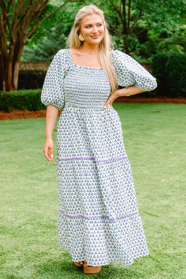 Chic Soul plus size clothing, purple and blue maxi dress with puff mid sleeves and shirring top