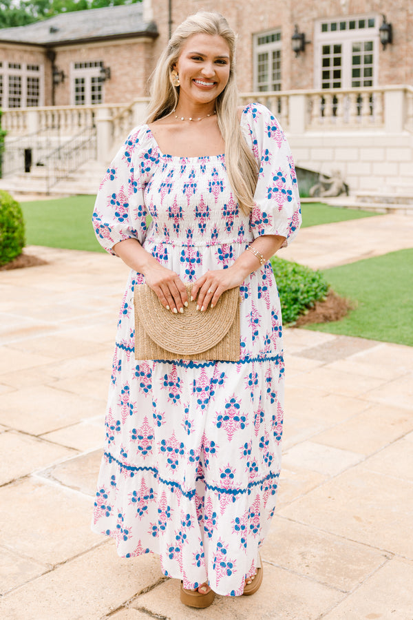 Chic Soul plus size clothing, white mid puff sleeve maxi dress with blue and pink small floral pattern and blue ric rac tiered skirt