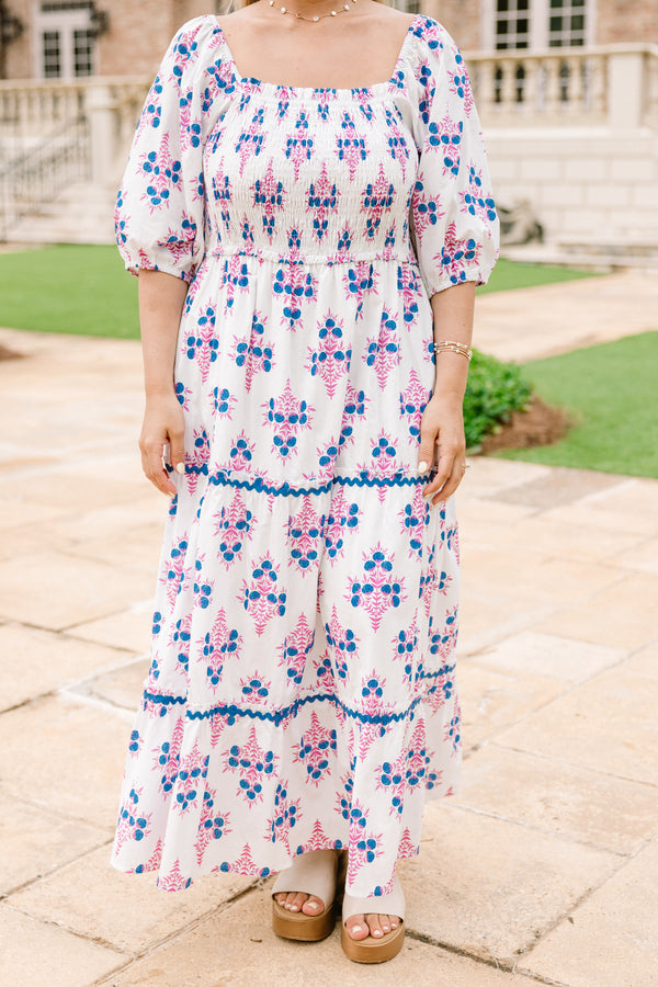 Chic Soul plus size clothing, white mid puff sleeve maxi dress with blue and pink small floral pattern and blue ric rac tiered skirt