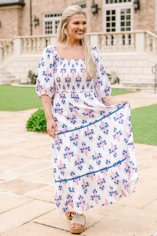 Chic Soul plus size clothing, white mid puff sleeve maxi dress with blue and pink small floral pattern and blue ric rac tiered skirt