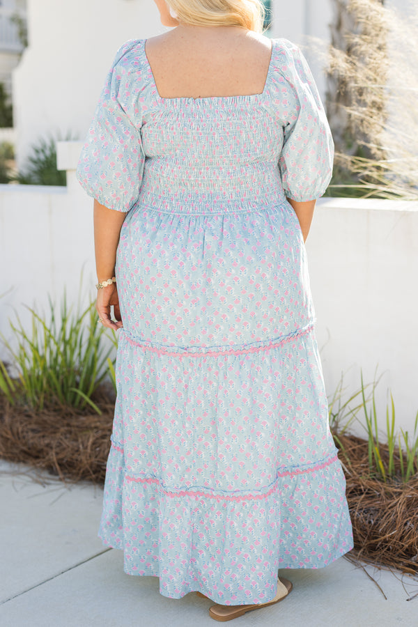  Chic Soul plus size clothing, baby blue tiered maxi dress with half bubble sleeves as well ahad pink scalloped stitching details on the tiers a square neckline and a pink and blue block pattern throughout 
