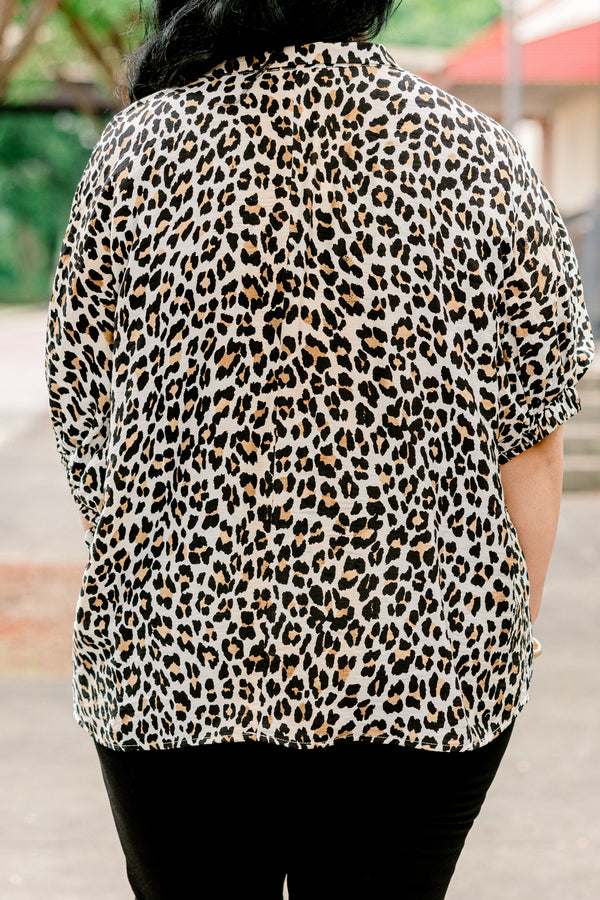 Chic Soul plus size clothing, camel leopard print short sleeve top with v neckline with green/tan/brown stripe border along neckline