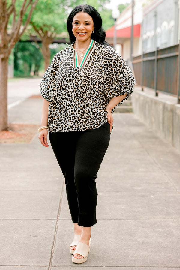Chic Soul plus size clothing, camel leopard print short sleeve top with v neckline with green/tan/brown stripe border along neckline