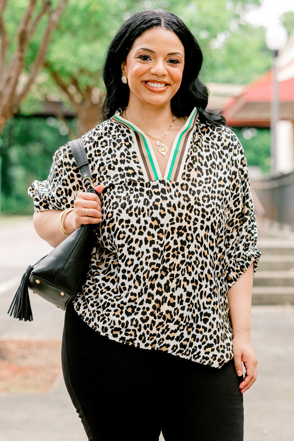 Chic Soul plus size clothing, camel leopard print short sleeve top with v neckline with green/tan/brown stripe border along neckline