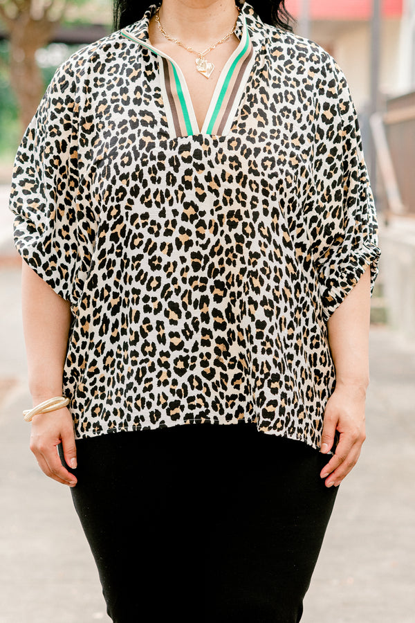 Chic Soul plus size clothing, camel leopard print short sleeve top with v neckline with green/tan/brown stripe border along neckline