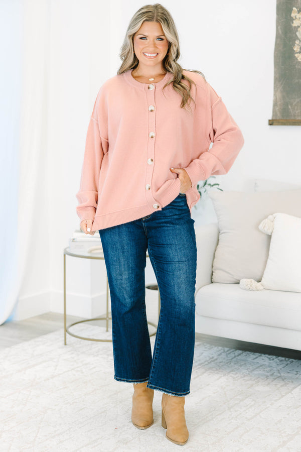Plus size mauve knit cardigan with a relaxed fit, button-down front, and soft, stretchy fabric.