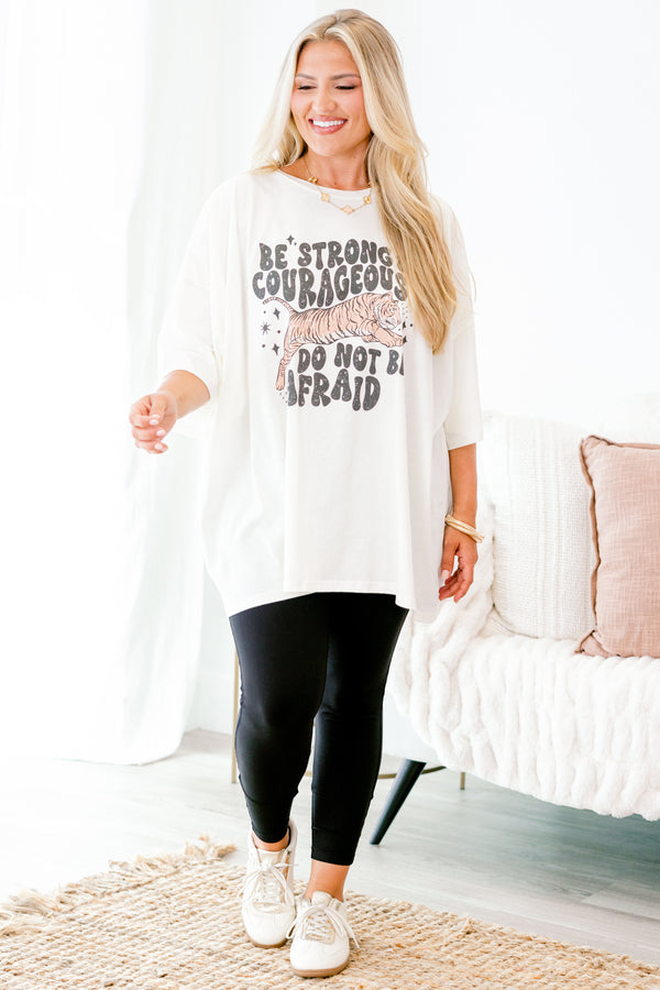 Chic Soul plus size clothing, ivory short sleeve graphic tee with the words 