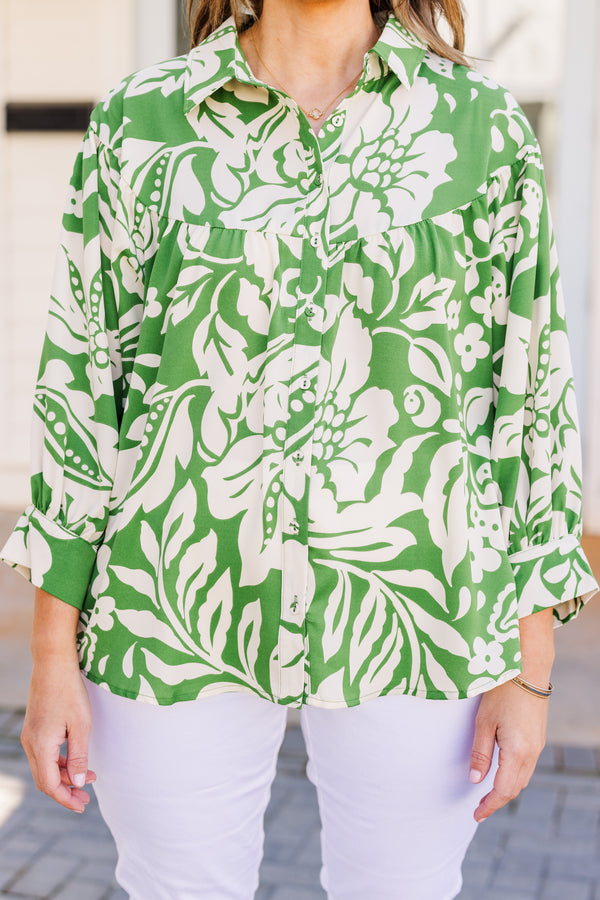 Chic Soul plus size clothing, three quarter length sleeve green top with tropical print and button up detail