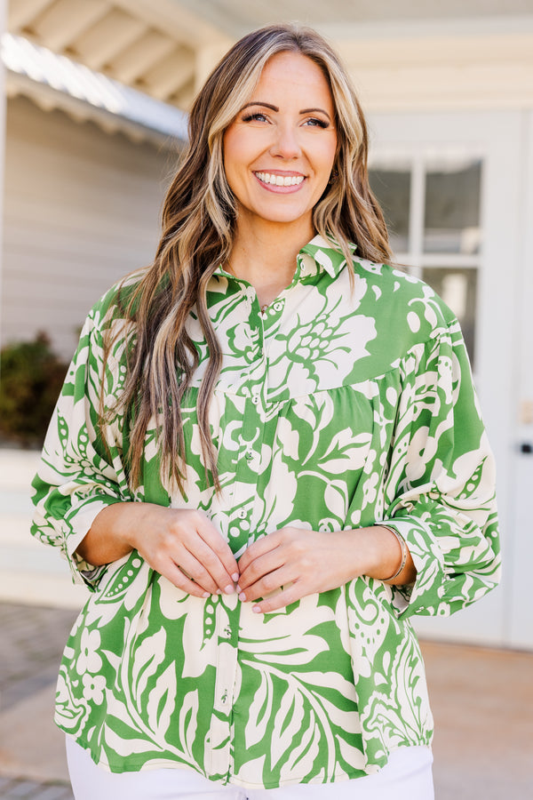 Chic Soul plus size clothing, three quarter length sleeve green top with tropical print and button up detail 