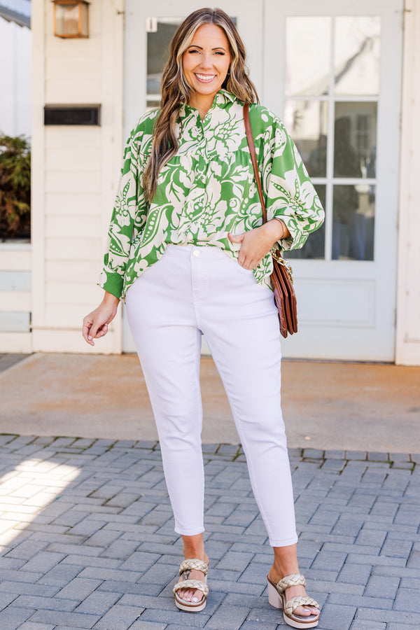 Chic Soul plus size clothing, three quarter length sleeve green top with tropical print and button up detail