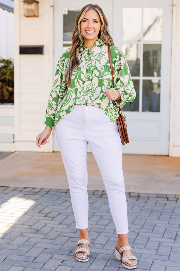 Chic Soul plus size clothing, three quarter length sleeve green top with tropical print and button up detail
