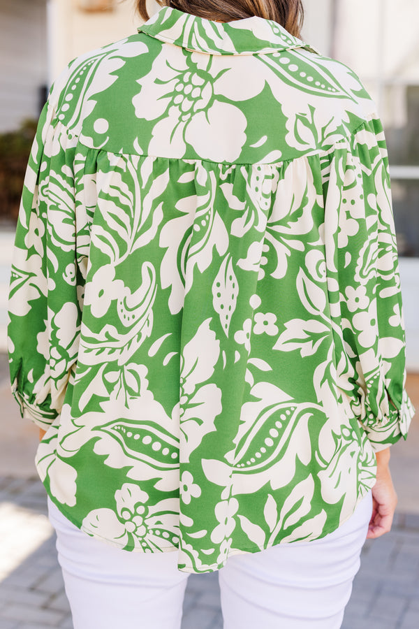 Chic Soul plus size clothing, three quarter length sleeve green top with tropical print and button up detail