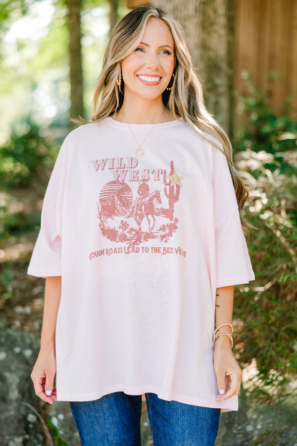 Chic Soul plus size clothing, cream pink short sleeve graphic tee with a wild west graphic on the center of the shirt and the saying 