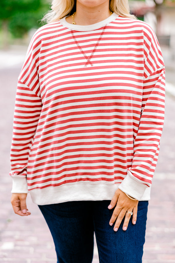 Chic Soul plus size clothing, red and white horizontal striped long sleeve pullover 