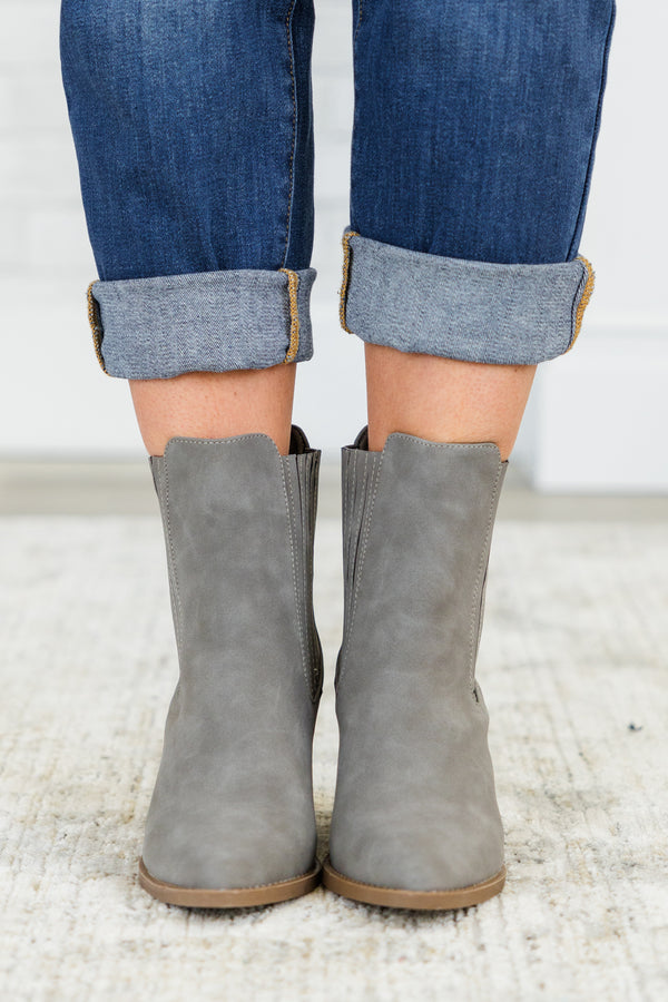 Chic Soul plus size clothing, grey chelsea ankle booties with brown wedge heel